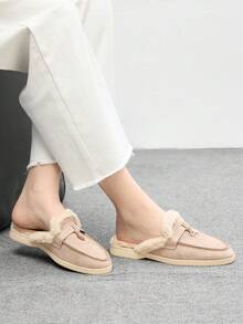 CUCCOO BIZCHIC 女士卡其色绒面革舒适加厚人造毛皮套脚穆勒鞋，休闲平底乐福鞋，适合户外、工作、日常穿着 - 卡其色 - 查看 5