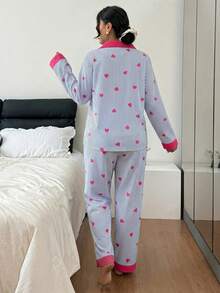 SHEIN Plus Size Contrast Color Collar Ruffle Heart Striped Long Sleeve Pajama Set - Baby Blue - View 2