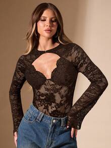 SHEIN BAE Tuta intera da donna di colore nero, minimalista e sexy, elegante, in pizzo trasparente con decorazione in metallo, collo quadrato, manica lunga, adatta per cocktail festa, appuntamenti romantici, come strato base per autunno/inverno, feste, occasioni formali, uscite serali, matrimoni, Ognissanti, Natale - Caffè Marrone - Visualizzare 4