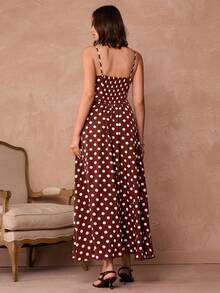 Enchnt Spring/Summer  Romantic Women's Elegant Brown Polka Dot Print Sleeveless Long Dress,Chic&Elegant For Date&Going Out&Daily Commute&Afternoon Tea,Brown Dress,Spring Dresses For Women,Spring Clothes For Women,Dresses For Women Elegant,Summer Dress,Polka Dot Dres - Red - View 3