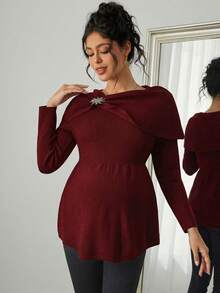 Momance Fitted Maternity Sweater With Rhinestone Button, Ruffle Hem Design, Elegant For Dates, Long Sleeve Pullover - Burgundy - View 3