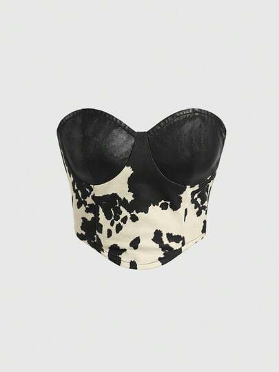 Hippie Vintage Western Tiermuster Patchwork PU Leder Damen Top