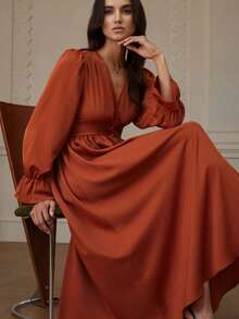 Chiquease Vestido elegante y vintage con cuello en V, fruncido y decoración de botones para mujer - Óxido marrón - Ver 5