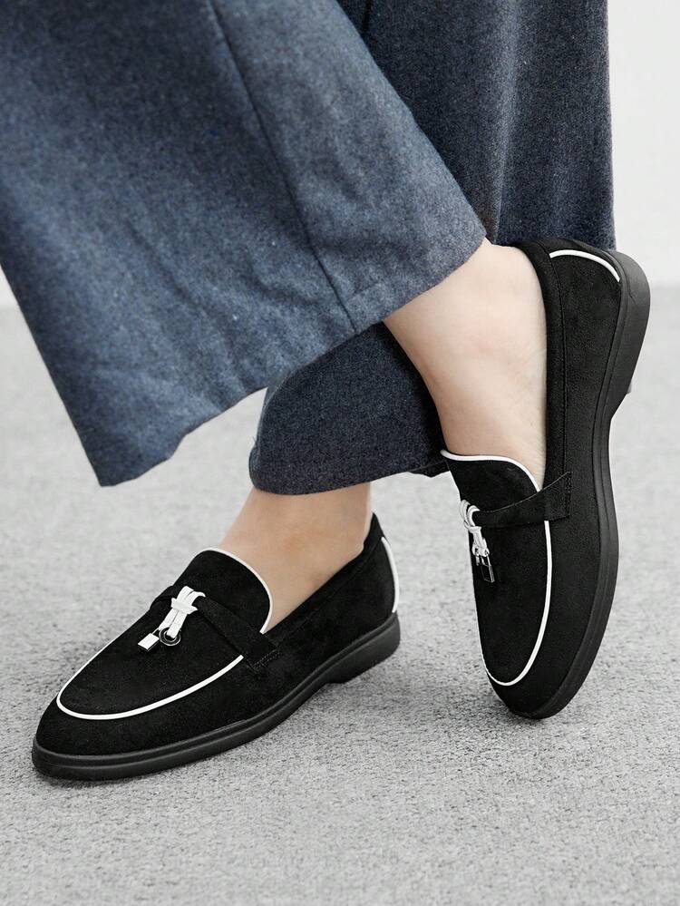 CUCCOO BIZCHIC Women's Fashion Black Suede Comfortable Casual Loafers, Suitable For Commuting, Outdoor, Shopping, Work, Daily Wear Spring Shoes