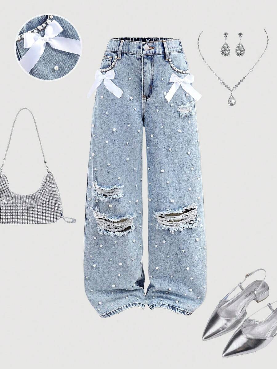 Girlism 这款少女优雅浅色水洗做旧蝴蝶结高腰宽松直筒牛仔裤,配有口袋插片、仿珍珠和毛边裤脚,适合春夏假期、节日庆典、夏季海滩波西米亚风度假、新年、圣诞节、跨年夜等场合,是街头复古风的理想之选,舒适百搭。 - 淺色水洗藍 - 查看 1