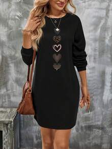 EMERY ROSE New Fashion Casual Women's Dress With Heart Print, Long Sleeve, Round Neck - Black - View 3