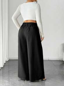Elenzga Plus Size Women's Wide Leg Pants, Solid Apricot Color, Elegant Style, Fashionable For Commuting And Office Wear - Black - View 2