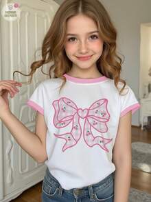 Süßer karierter Kirschenschleifendekor Farbblock Tween-Mädchen Lässig Minimalist Kurzarm Rundhals T-Shirt, geeignet für den Sommer