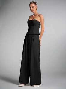 SHEIN BAE Women's Fashionable Solid Color Bandeau Blazer & Pants Set - Black - View 3