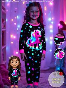 2 Piece Sets Snug Fit Night Wear Kids  Toddler Girls' Cute Unicorn Print Colorful Star Lighting Up Round Neck Knit Pajama Set, Comfortable Casual Tight Fitting Long Sleeve Top And Pants, Black Unicorn Clothes For Girls Snug Fit .This Product Requires UV Light Exposure To Glow.