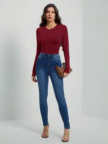 SHEIN Tall 女款純色長袖修身連身衣T恤 - 中紫紅色 - 查看 6