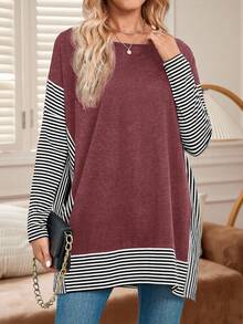EMERY ROSE Plus Size Women Casual Long Sleeve Striped Patchwork T-Shirt - Burgundy - View 7