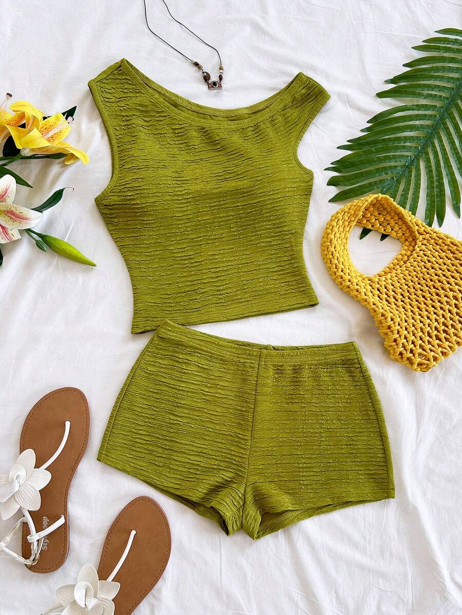 Soleia Bộ đồ nghỉ mát xuân/hè 2 món cho nữ: Áo crop top lệch vai dệt kim sọc đỏ trắng và quần short ôm sát cạp siêu thấp, thích hợp cho tiệc tùng, Giáng sinh, Ngày lễ tình nhân, hẹn hò, bãi biển, du thuyền, lễ hội hóa trang, lễ Phục sinh, Tết Nguyên đán - Nhiều màu - Xem 1