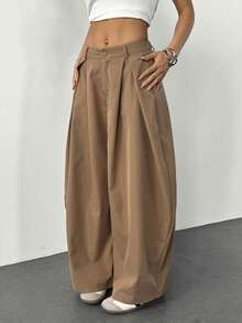 SHEIN PETITE 女士夏季复古休闲街头风外出宽松军绿色弧形裤脚阔腿裤棕色裤子 - 棕色 - 查看 9