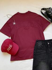 SHEIN EZwear Summer Tops Pink Solid Letter Embossed Drop Shoulder Tee