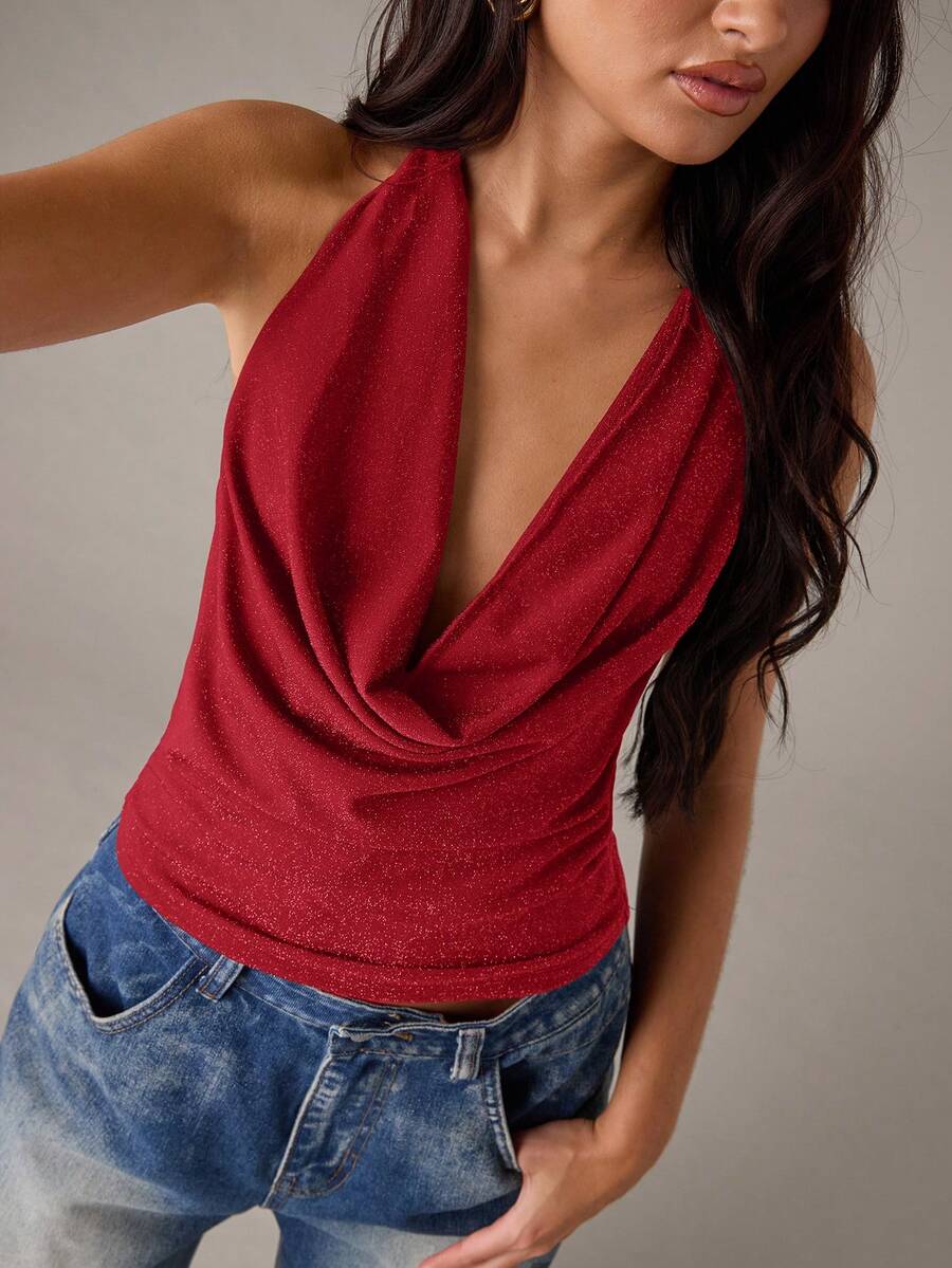 SHEIN BAE 女士性感时尚金属光泽露背系带吊带上衣，适合夏季、度假和街头风格 - 紅色 - 查看 1