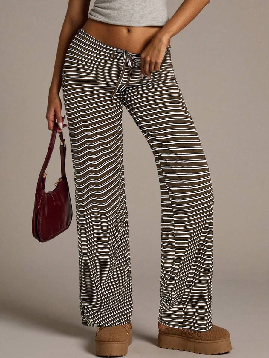Aloruh Women's New Brown Striped Low-Waist Pants, Autumn/Winter - Khaki - View 1