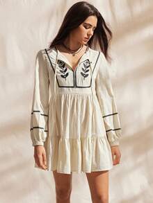 Easelle Women's Embroidered Knot Ruffle Hem Long Sleeve Mini Dress - Apricot - View 6