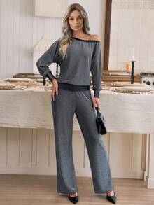 Louniche 两件套优雅纹理不对称肩部上衣+裤子套装，秋冬季，圣诞节 - 銀色 - 查看 4