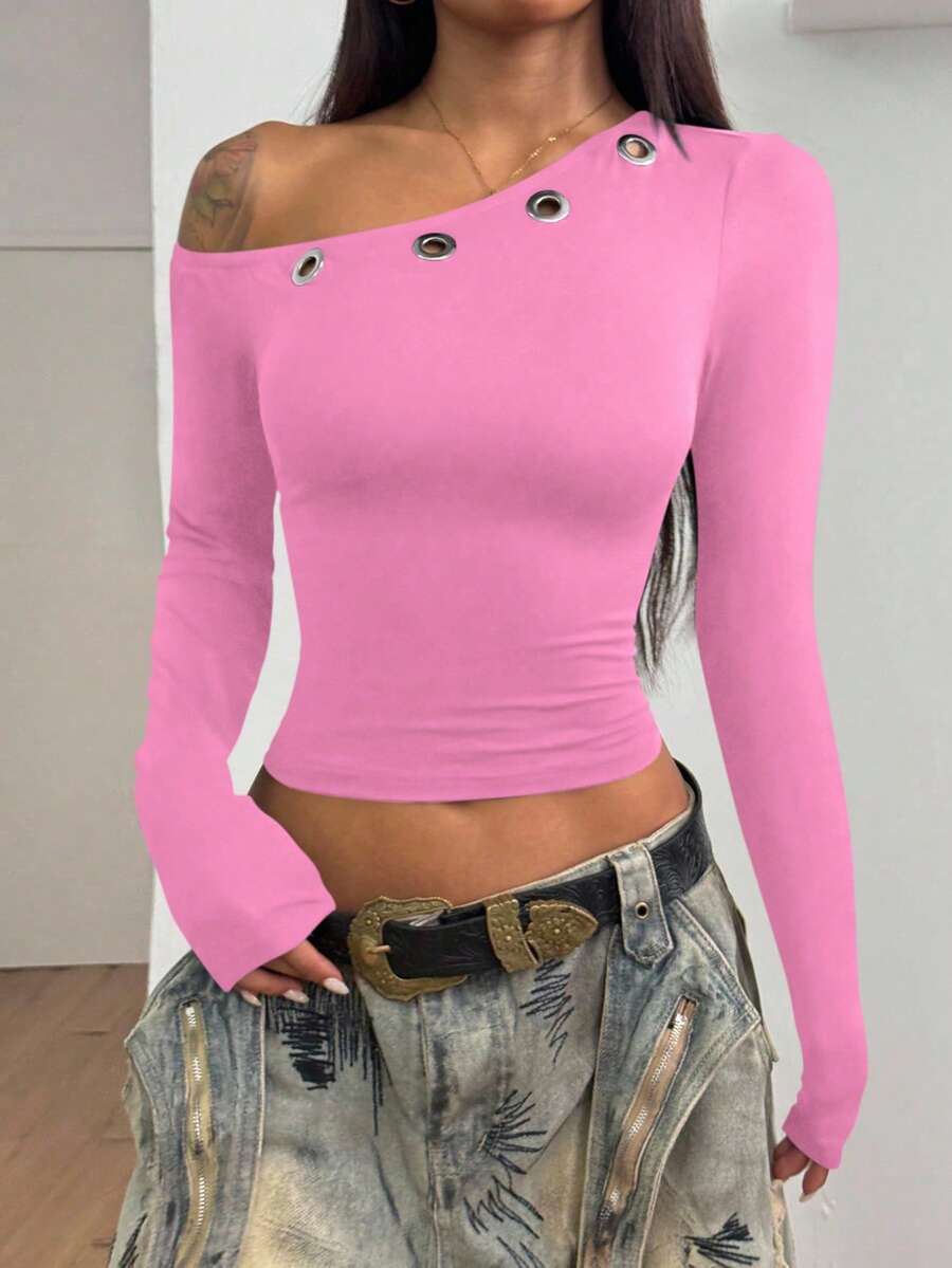 StreetHx 女士镂空装饰修身长袖T恤，初秋 - 玫紅色 - 查看 1