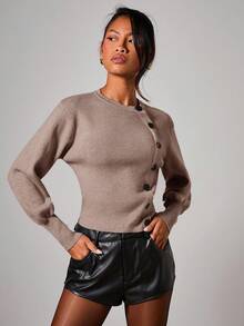 COSMINA Áo khoác cardigan cài nút bất đối xứng thanh lịch dành cho nữ, mùa thu/đông, màu nâu, áo len nữ, áo cardigan dáng ngắn, áo cardigan crop cho nữ. - Màu Khaki - Xem 3
