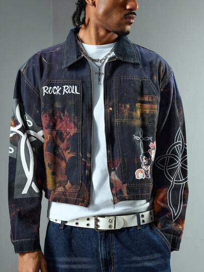 Men's Letter Print Long Sleeve Zip Front Denim Jacket
