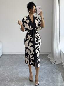 Elenzga 新款休闲优雅时尚派对度假外出植物叶子印花蝙蝠袖系带修身V领中长连衣裙，适合女士，秋夏季 - 彩色 - 查看 7