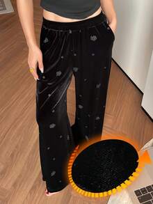DAZY Velvet Floral Print Loose Women's Pajama Bottoms - Black - View 3