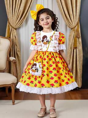 1pc Ramadan Kaftan Dress, Round Neck Cartoon Bubble, Lantern, Star & Moon Lace Patchwork, Casual Dress For Girls, Traditional Arabic Clothing