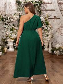 SHEIN PETITE CURVE Đầm dự tiệc cỡ lớn dành cho nữ, màu trơn, viền bèo nhún, vai bất đối xứng. - Màu xanh lá cây đậm - Xem 2