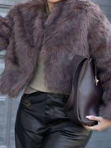 Melissa Matos 秋冬女士前开蓬松大衣 - 鏽棕色 - 查看 7