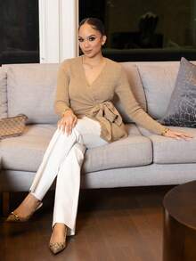 Melissa Matos Wrap Knot Side Sweater,Long Sleeve Tops, Fall And Winter, Elegant, Camel, Longsleeve,Bandage - Khaki - View 1