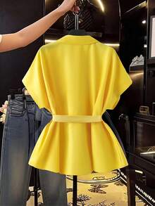 SHEIN Elenzya Chemise décontractée à patchwork avec nœud devant, jaune frais, grande taille, début du printemps - Jaune citron - Voir 2