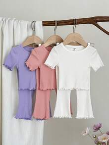SHEIN LMoss Kids 6件套女婴休闲可爱纯色针织短袖T恤和松紧腰喇叭裤套装 - 彩色 - 查看 7