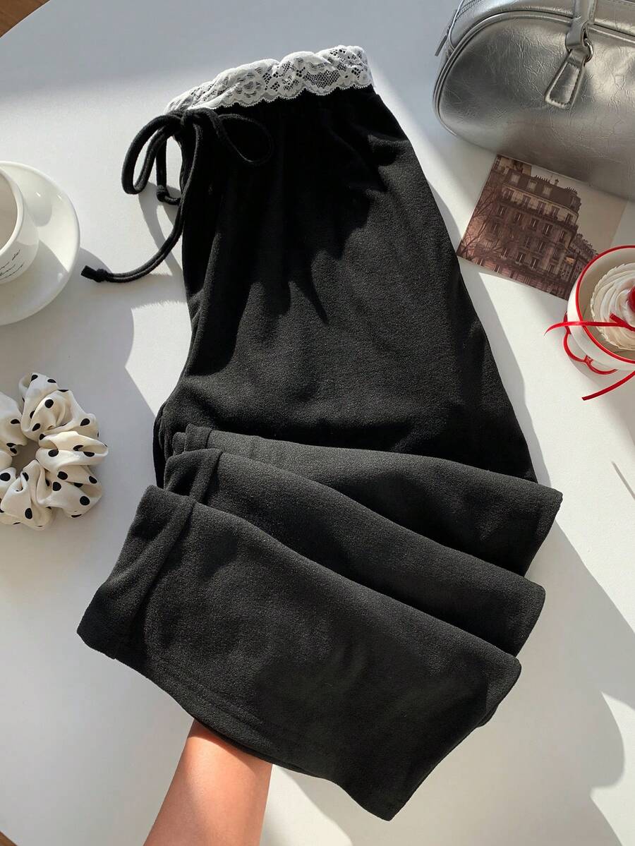 SHEIN EZwear Women Contrast Color Contrast Lace Drawstring Waist Loose Wide Leg Casual Pants - Black - View 1