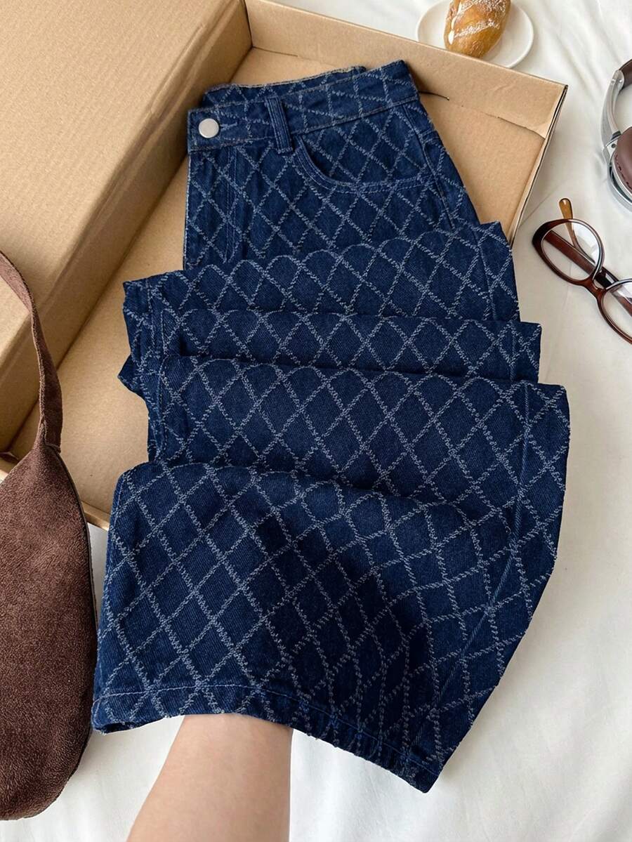 Comfortcana 女士休闲日常纹理斜插口袋喇叭牛仔裤 - 深色水洗藍 - 查看 1