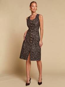 COSMINA 女士优雅无袖深V领提花牛仔鱼尾连衣裙，适合约会、度假、通勤和办公穿着，早春时节 - 棕色 - 查看 1