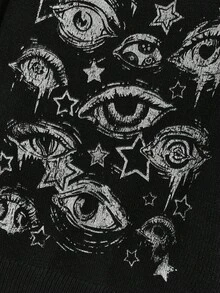 ROMWE Grunge Punk Women's Oblique Shoulder Punk Eye Print All-Match Versatile Knit Sweater - Black - View 3