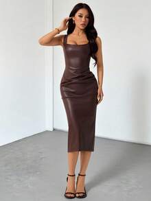 SHEIN PETITE PU皮革女士棕色连衣裙，女士鸡尾酒会礼服，女士生日礼服，冬季连衣裙，秋季连衣裙，优雅派对礼服，正式礼服，晚礼服，时尚婚礼礼服 - 棕色 - 查看 5