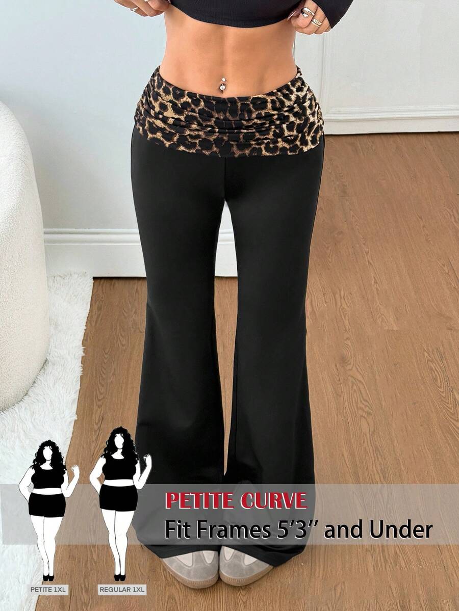 SHEIN PETITE CURVE Quần ống loe nữ họa tiết da báo phối nhiều mảnh, kiểu dáng thường ngày, đa năng, thích hợp đi làm. - màu đen - Xem 1