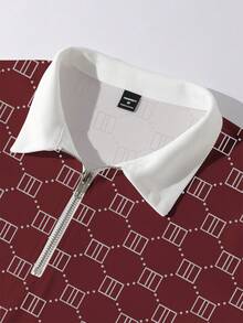 Manfinity Dauomo Men's Fashionable Casual Printed Zip-Up Polo Shirt - Burgundy - View 3
