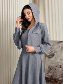 Modelyn 2件組女款純色長袖極簡夾克與寬肩帶休閒洋裝套裝 - 藏蓝色 - 查看 8
