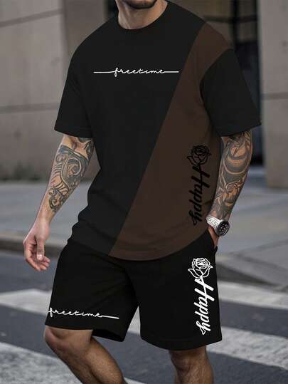 Manfinity LEGND Men's Casual Loose Fit Contrast Color Short Sleeve Round Neck T-Shirt, Suitable For Daily Wear In Summer