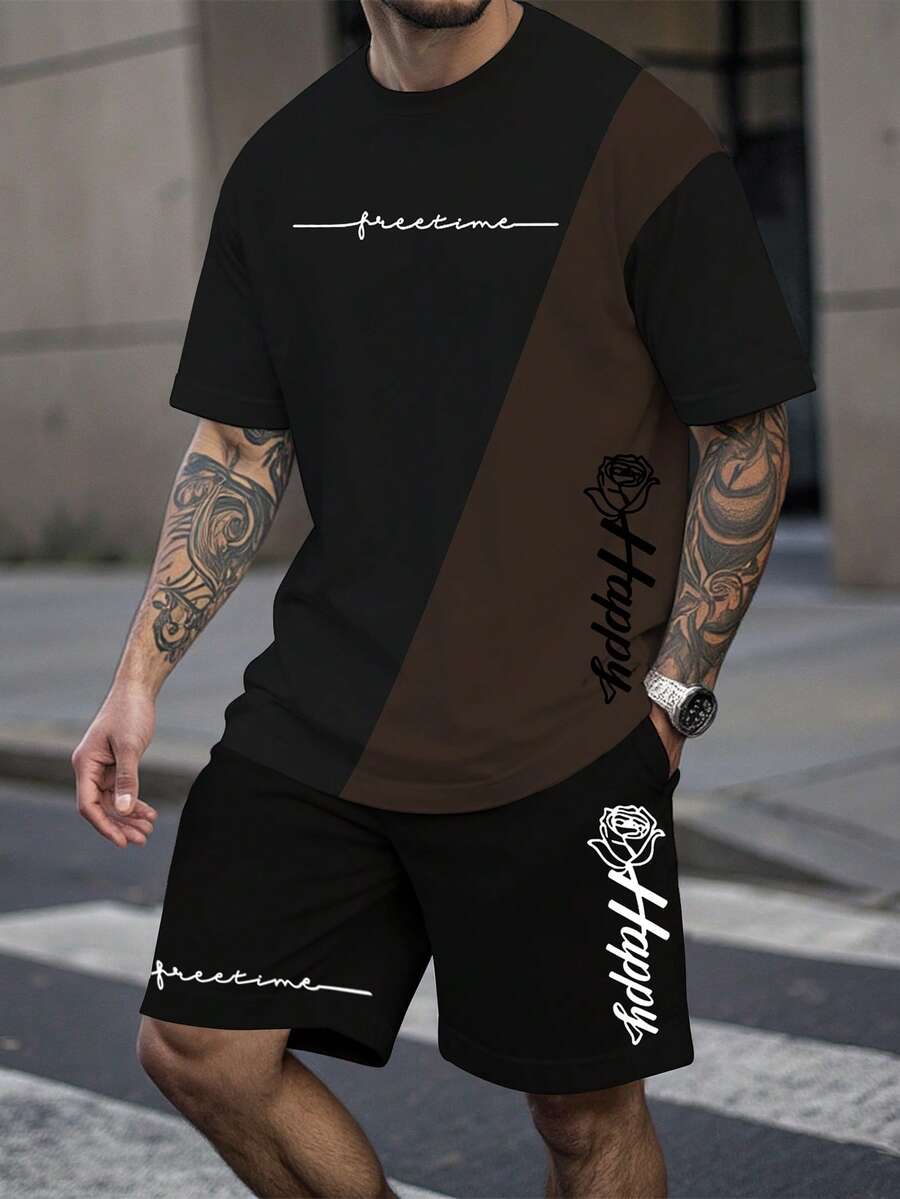 Manfinity LEGND Camiseta de manga corta de cuello redondo con ajuste holgado y contraste de color, adecuada para uso diario en verano - Marrón - Ver 1