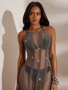 Opulessa Women's Halter Tie-Up Hollow-Out Sexy Sheer Party Dress  Club Outfits, Date, Night Out,Vacation ,Beach Outfits,Garden , ,Sexy Elegant Party,, National Day,Going Out Outfit, Carnival - Grey - View 7