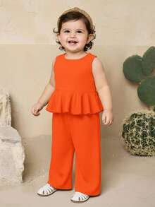 SHEIN Babygirl Summer Cute Solid Color Textured Sleeveless Top And Elastic Waist Loose Pants Set - Orange - View 5