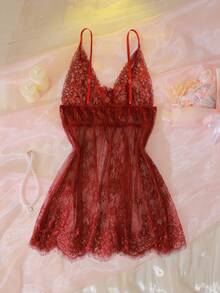 DelicateAllure Váy ngủ nữ cổ chữ V ren gợi cảm ngày lễ tình nhân - Màu Đỏ Sâu - Xem 2