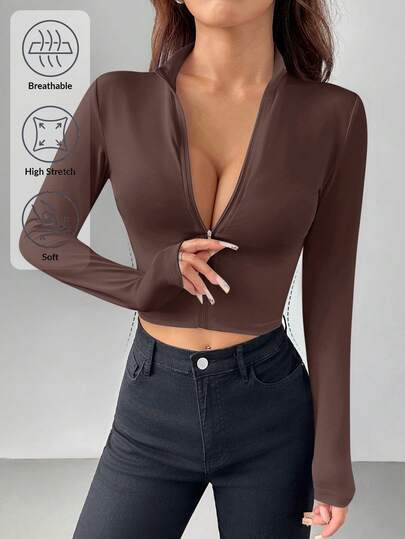 SHEIN PETITE Simple Casual Basic Autumn And Winter Half-Collar Zipper Collar V-Neck Long-Sleeved Tight Jacket Elastic Women's Top Coffee Brown Top Brown Top Women Dark Brown Top Brown Long Sleeve Top Chocolate Brown Top