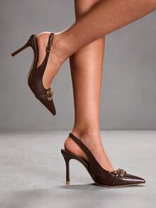 CUCCOO SZL 女士尖头搭扣设计时尚高跟鞋，适合日常通勤 - 棕色 - 查看 8