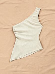 Soleia 女士夏季度假米色针织提花单肩修身下摆开衩抽绳褶皱吊带背心，适合派对、约会、情人节、复活节、狂欢节、下午茶、海滩、邮轮、城市街头假日等场合。 - 白色 - 查看 2